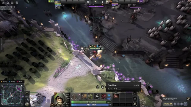 Dota 2 Pudge with dodge-assist script text overlay near river bridge